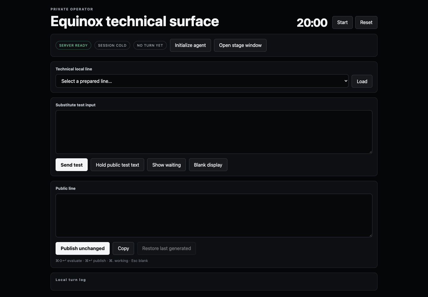Dark V1 operator screen with a 20-minute timer, status indicators, prepared-line controls, a substitute test-input field, and public-line publishing controls